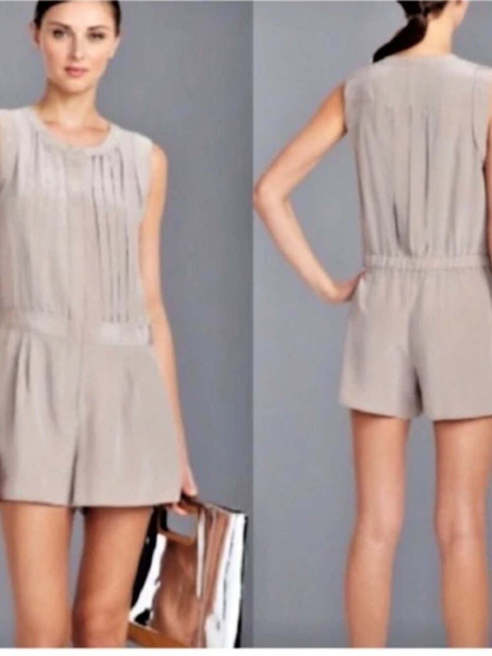 BCBGMAXAZRIA Paloma Taupe Silk Romper Pleated Pockets Sz M